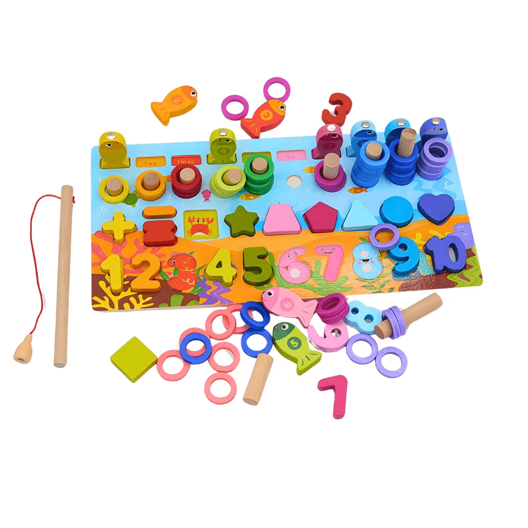 Wooden Fishing Board Game 4 in 1- Numbers, Shapes,, Stacking, (Pack of 1)