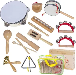 Wooden Musical Instruments Set for Toddlers 1-3, Natural Wood Percussion Instruments Xylophone Gift Set for Girls Boys Kids ,Preschool Educational Musical Toys with Storage Bag (Log Color)