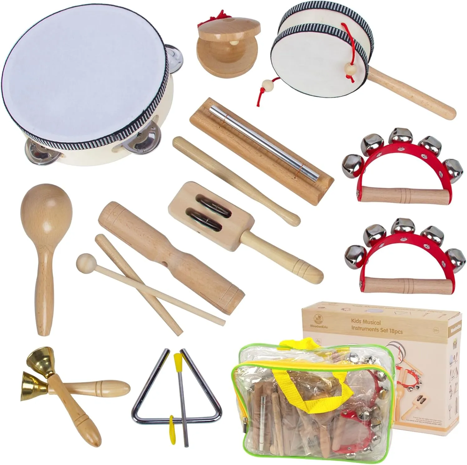 Wooden Musical Instruments Set for Toddlers 1-3, Natural Wood Percussion Instruments Xylophone Gift Set for Girls Boys Kids ,Preschool Educational Musical Toys with Storage Bag (Log Color)