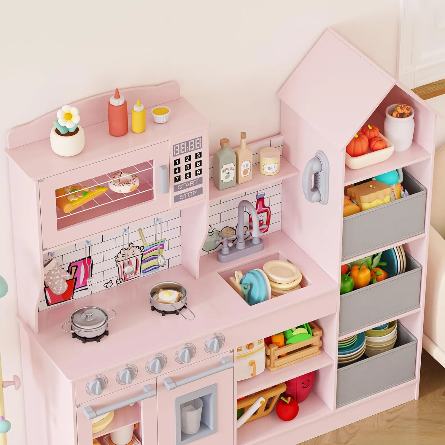 Wooden Play Kitchen for Kids, Playset Chef Pretend with Storage System, Realistic Appliances, Smart Storage & 15 Fun Accessories for Inspiring Pretend Play (Ages 3 )
