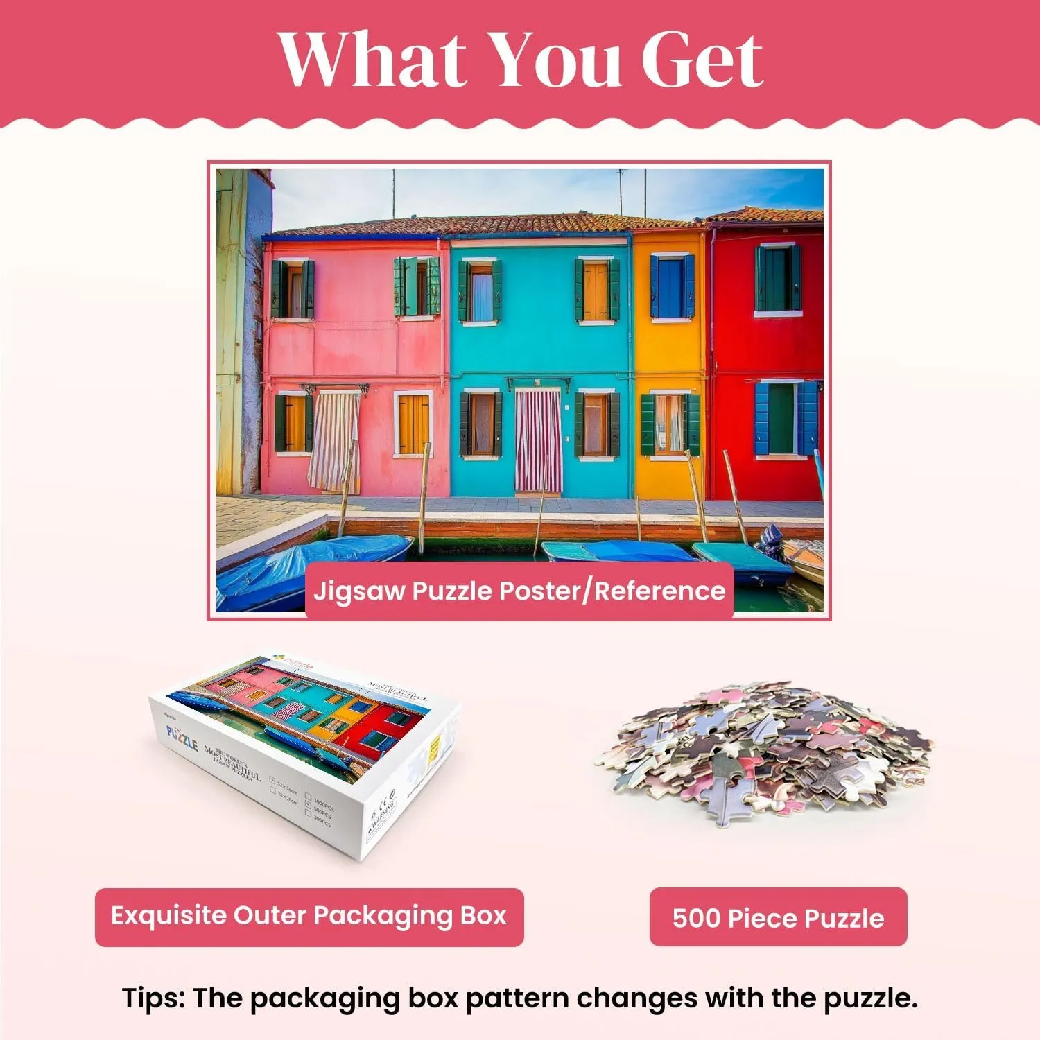Wooden Puzzles Burano Island Colorful Traditional Fishing Village Venice Italy Jigsaw Puzzles for Adults 500 Pieces Impossible Puzzle Challenging Puzzle Educational Toys Decompression Game