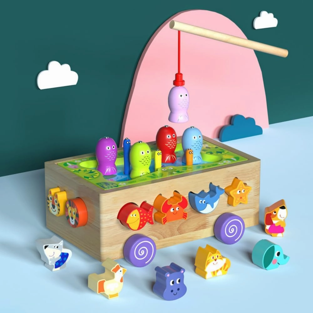 Wooden Montessori Toys for 1-3 Year Old，Animal Cognitive Games, Fishing Games Preschool Learning Educational Toys, Baby's Birthday Gifts, Children's Day Gift,Magnetic Fishing Game for Toddlers 1-3