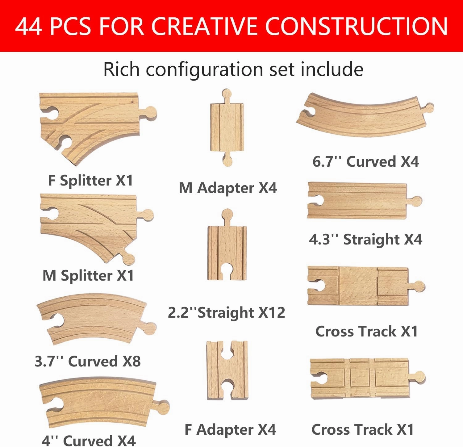 Wooden Train Track 44Pcs, Wood Train Tracks Expansion Accessories Expansion Pack fits Melissa and Doug, Brio, Thomas, Montessori Toys, Birthday Gift for Boys Girls Toddler Kids