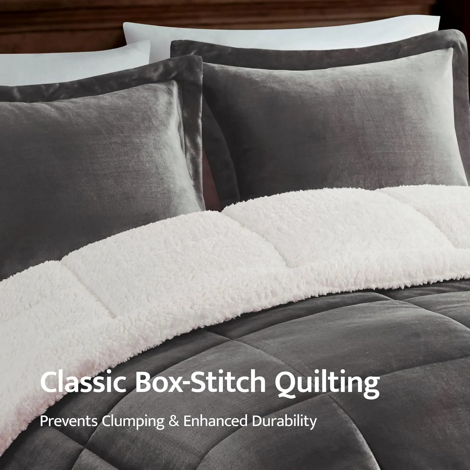 Woolrich Reversible Comforter Set Ultra Soft Plush to Sherpa, Down Alternative, Cold Weather Winter Warm Bedding, with Matching Sham, Decorative Pillow Charcoal/Ivory Full/Queen 4 Piece