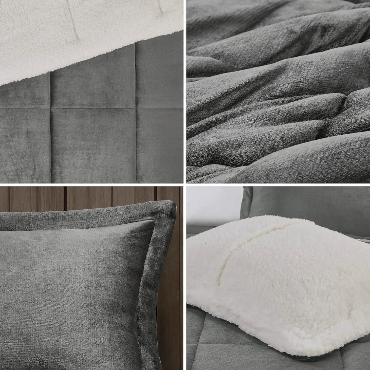 Woolrich Reversible Comforter Set Ultra Soft Plush to Sherpa, Down Alternative, Cold Weather Winter Warm Bedding, with Matching Sham, Decorative Pillow Charcoal/Ivory Full/Queen 4 Piece