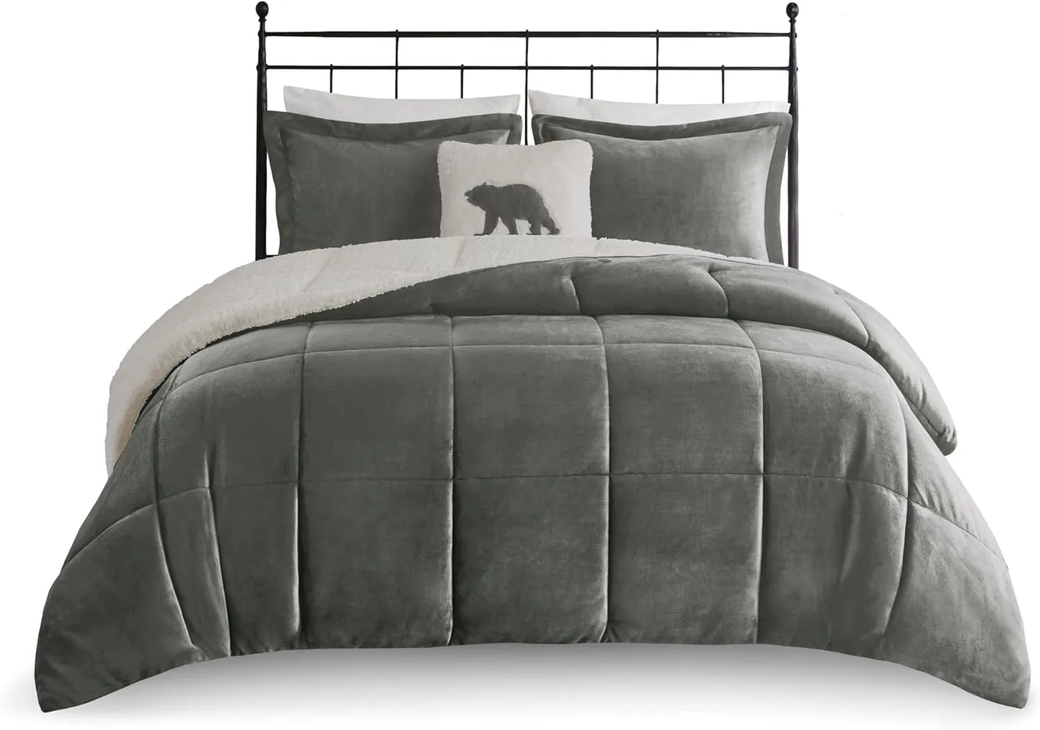 Woolrich Reversible Comforter Set Ultra Soft Plush to Sherpa, Down Alternative, Cold Weather Winter Warm Bedding, with Matching Sham, Decorative Pillow Charcoal/Ivory Full/Queen 4 Piece