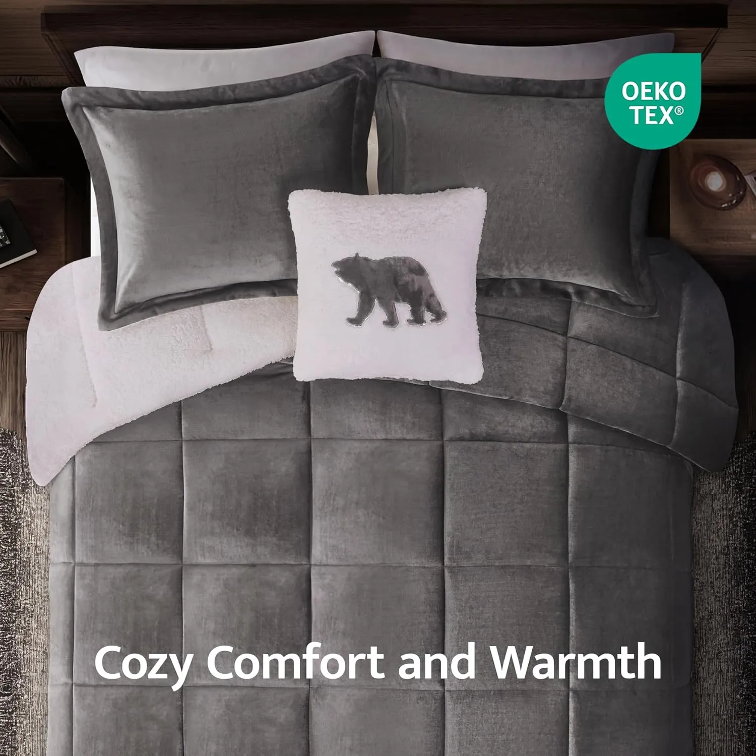 Woolrich Reversible Comforter Set Ultra Soft Plush to Sherpa, Down Alternative, Cold Weather Winter Warm Bedding, with Matching Sham, Decorative Pillow Charcoal/Ivory Full/Queen 4 Piece