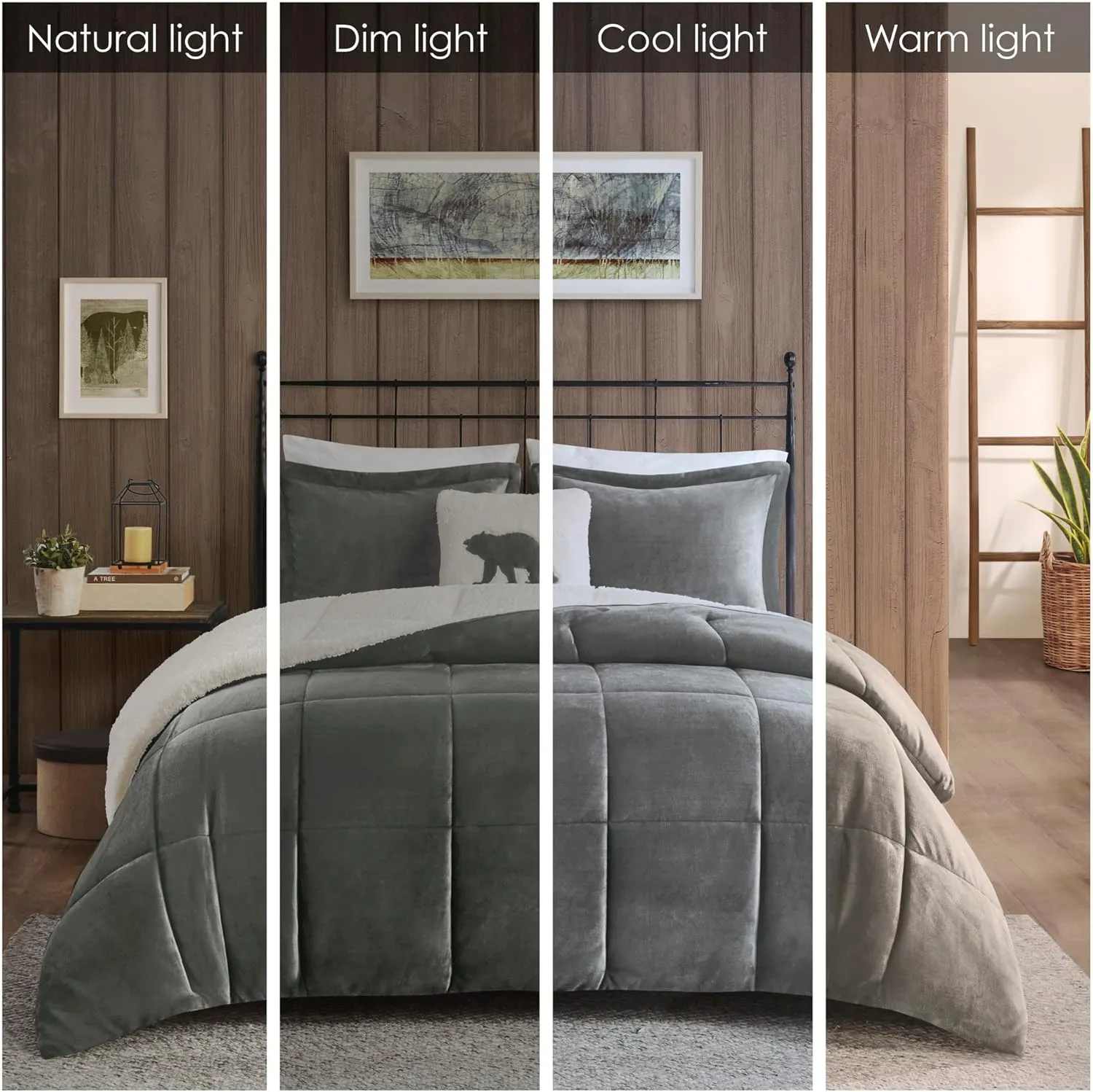 Woolrich Reversible Comforter Set Ultra Soft Plush to Sherpa, Down Alternative, Cold Weather Winter Warm Bedding, with Matching Sham, Decorative Pillow Charcoal/Ivory Full/Queen 4 Piece