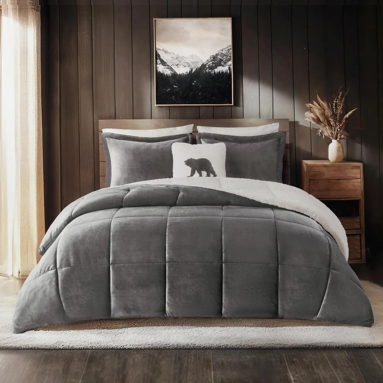 Woolrich Reversible Comforter Set Ultra Soft Plush to Sherpa, Down Alternative, Cold Weather Winter Warm Bedding, with Matching Sham, Decorative Pillow Charcoal/Ivory Full/Queen 4 Piece