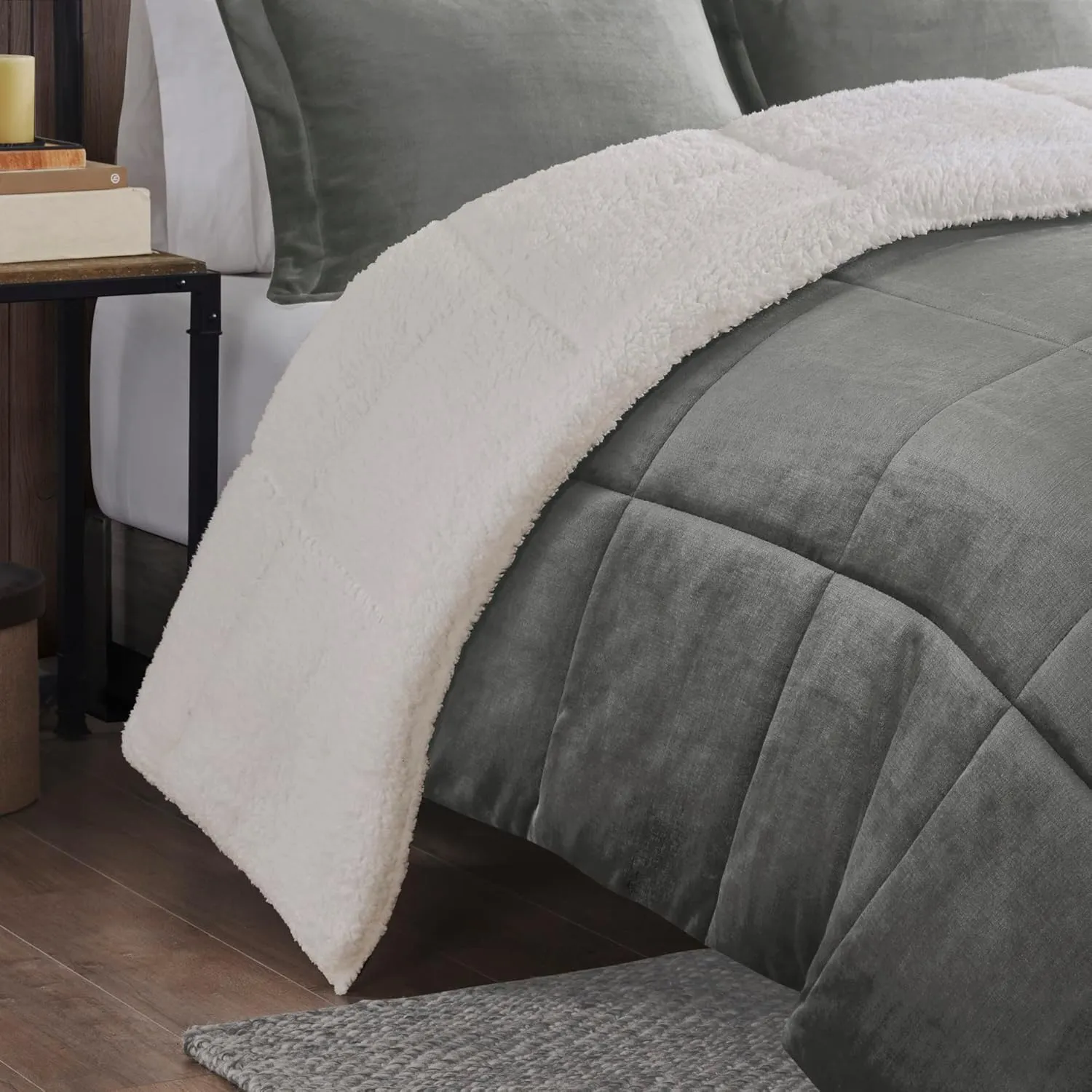 Woolrich Reversible Comforter Set Ultra Soft Plush to Sherpa, Down Alternative, Cold Weather Winter Warm Bedding, with Matching Sham, Decorative Pillow Charcoal/Ivory Full/Queen 4 Piece