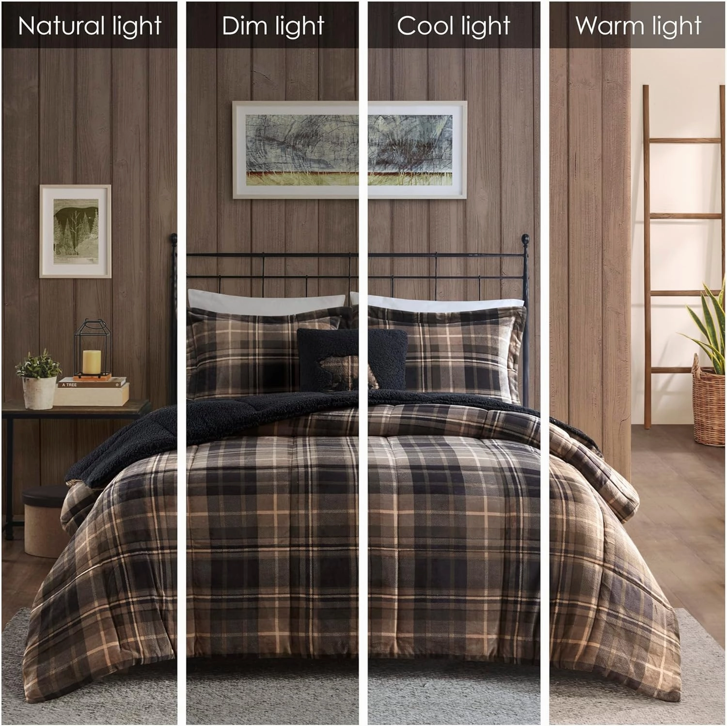 Woolrich Reversible Comforter Set Ultra Soft Plush to Sherpa, Down Alternative, Cold Weather Winter Warm Bedding, with Matching Sham, Decorative Pillow Brown/Black Full/Queen 4 Piece