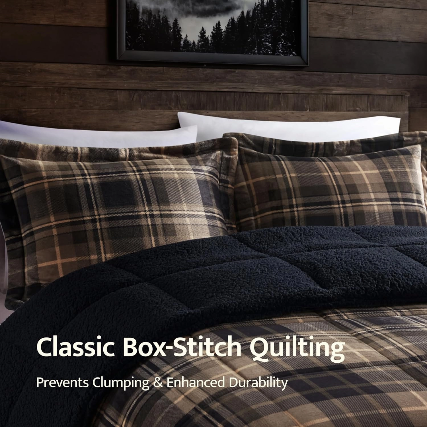 Woolrich Reversible Comforter Set Ultra Soft Plush to Sherpa, Down Alternative, Cold Weather Winter Warm Bedding, with Matching Sham, Decorative Pillow Brown/Black Full/Queen 4 Piece