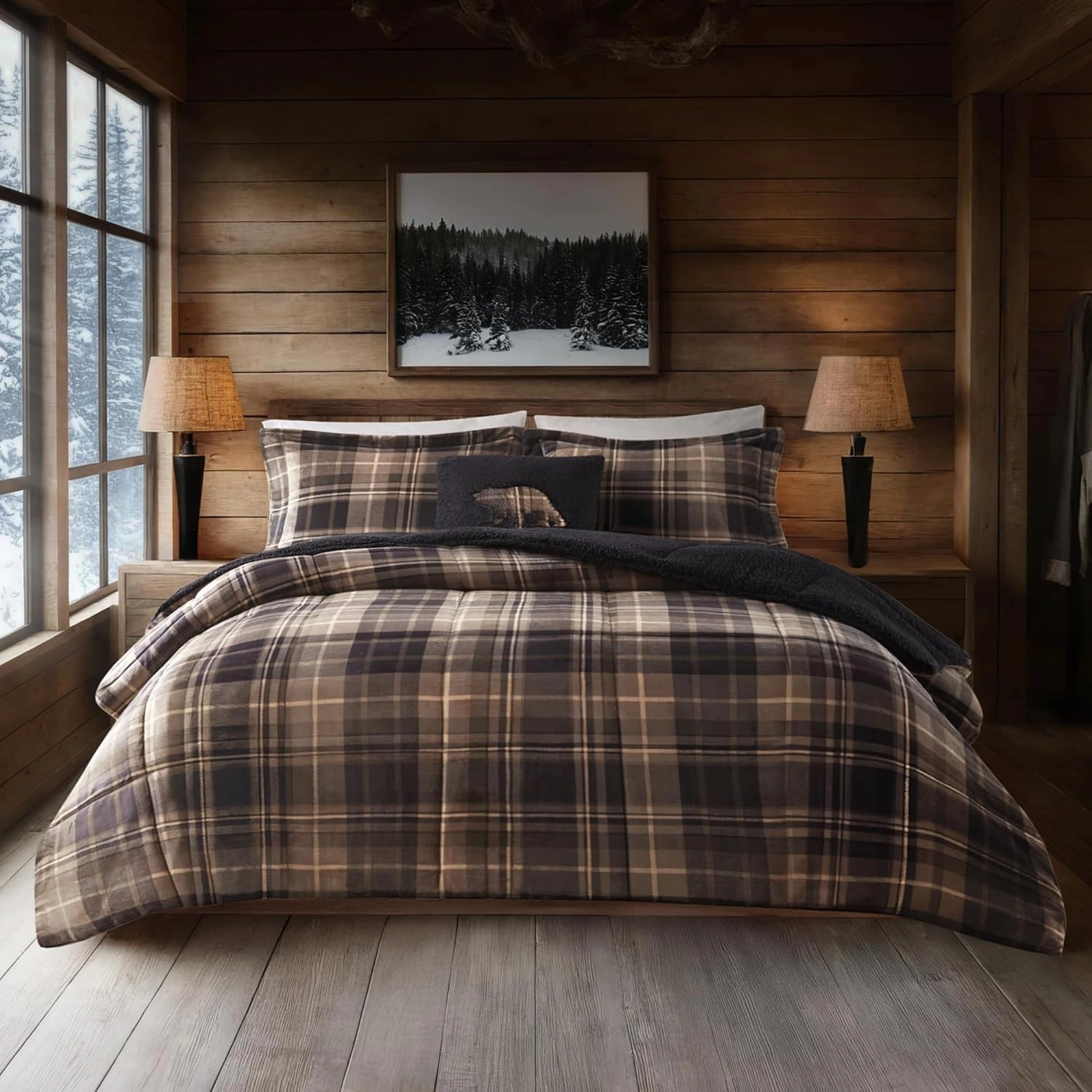 Woolrich Reversible Comforter Set Ultra Soft Plush to Sherpa, Down Alternative, Cold Weather Winter Warm Bedding, with Matching Sham, Decorative Pillow Brown/Black Full/Queen 4 Piece