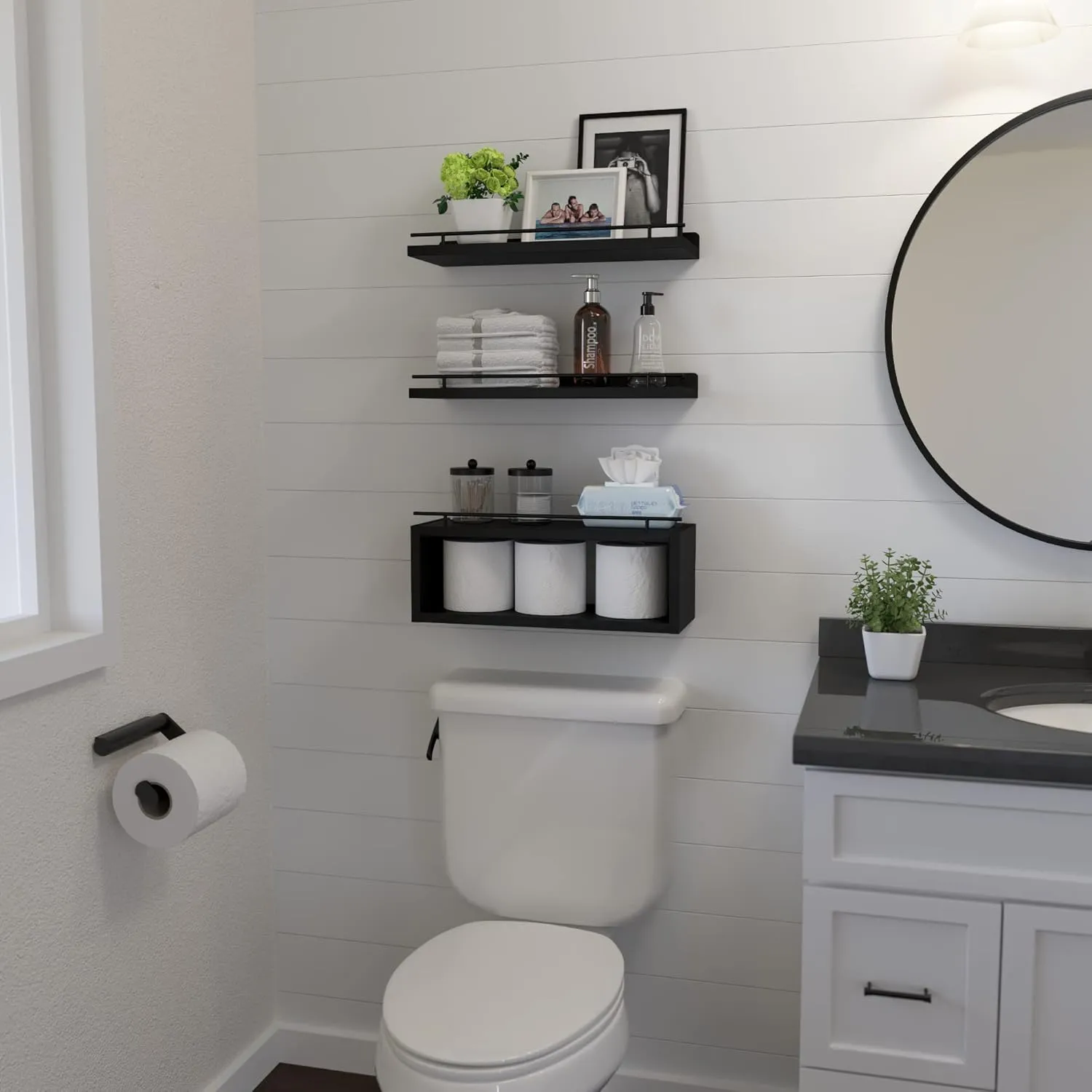 WOPITUES Floating Shelves for Wall with Cube Shelf, Wall Shelves with Metal Rail for Bathroom Decor, Bathroom Organizers and Storage, Over Toilet Shelves for Toilet Paper-Black