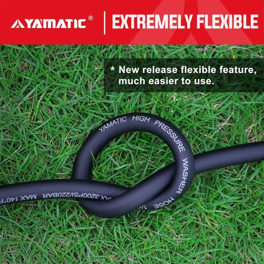 YAMATIC Super Flexible Pressure Washer Hose 50FT 1/4", Kink Resistant Power Washer Hose Replacement for Flexzilla Uberflex Ryobi Genarac Troy Bilt Leak-Free M22 Fittings, 3200 PSI, Black