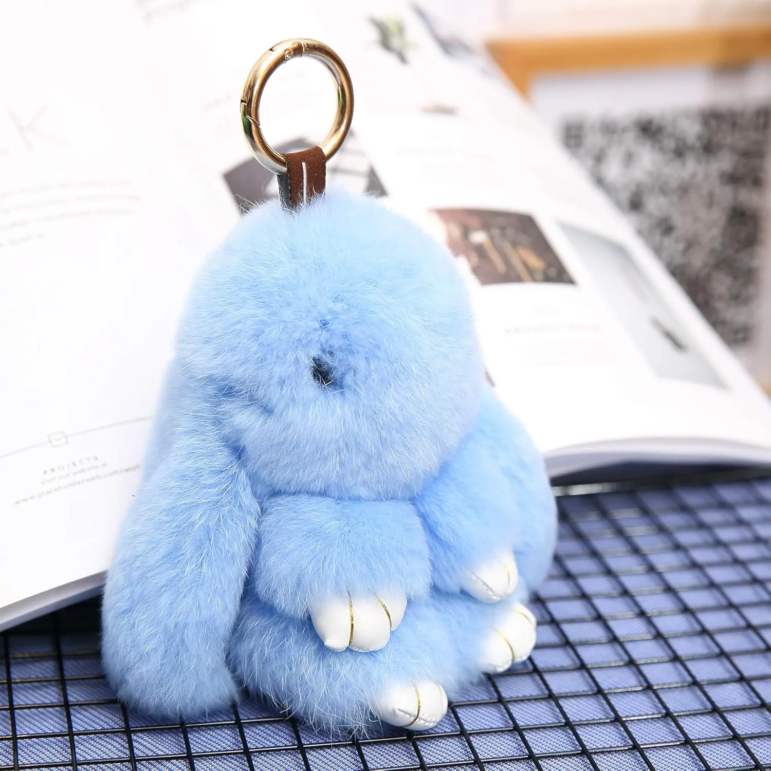 YISEVEN Bunny Stuffed Animal Plush Toy Rabbit Fur Keychain Fluffy Soft Cute Fuzzy Accessories Furry Ball Key Chain Gift for Women Teens Girls Kids Backpack Purse - Blue