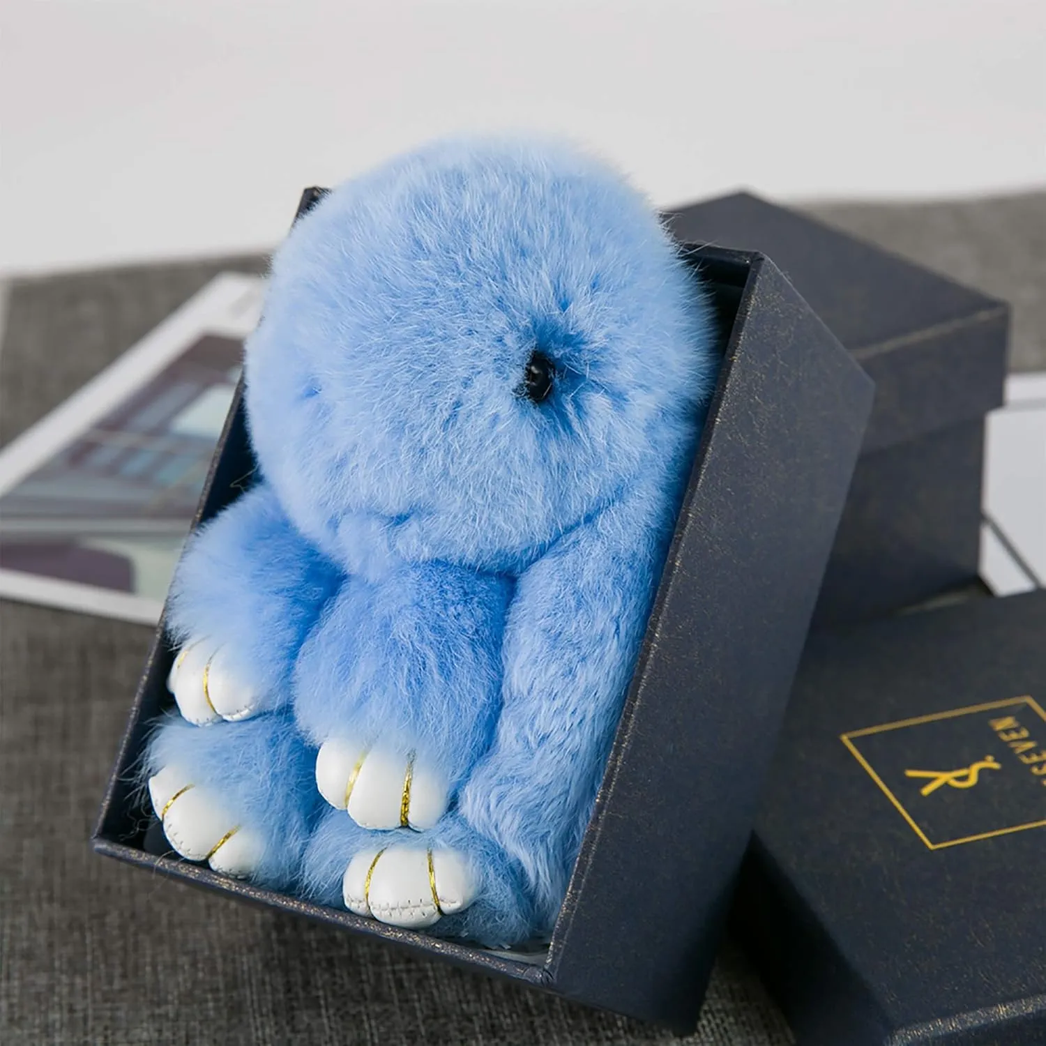 YISEVEN Bunny Stuffed Animal Plush Toy Rabbit Fur Keychain Fluffy Soft Cute Fuzzy Accessories Furry Ball Key Chain Gift for Women Teens Girls Kids Backpack Purse - Blue