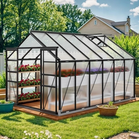 YITAHOME 12x8FT Polycarbonate Greenhouse Large Heavy Duty Green Houses Outdoor Aluminum Greenhouses with Sliding Doors Vent Window Walk-in Greenhouse for Garden Backyard, Black