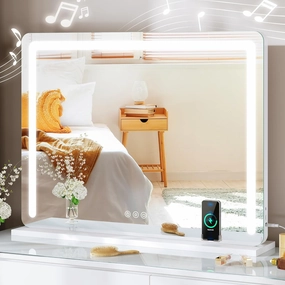 YITAHOME Vanity Mirror with Lights and Bluetooth Speaker & Wireless Charger, 32"x24" LED Makeup Mirror, Lighted Makeup Mirror with Lights, Touch Screen with Dimmable 3 Modes, USB Type-C Charging Port