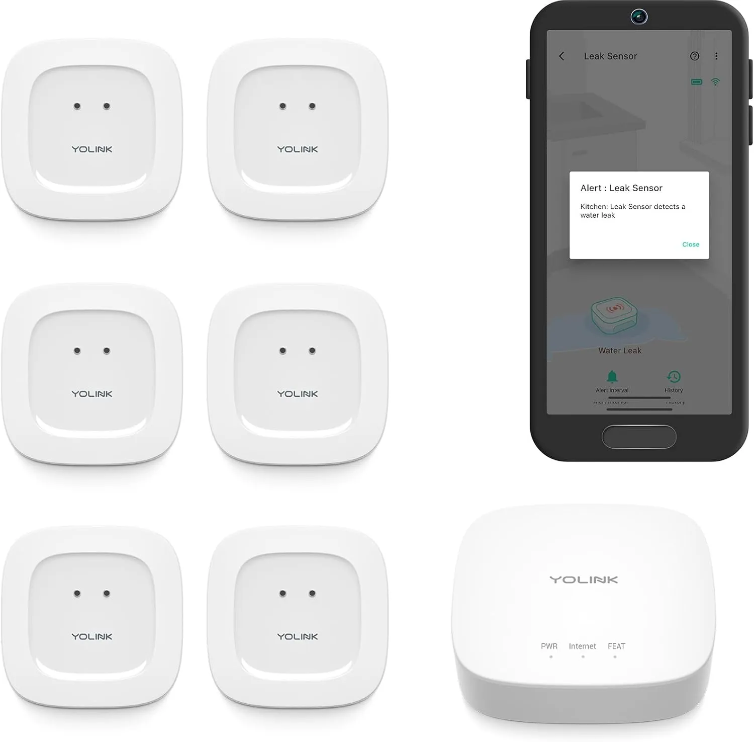 YoLink Smart Home Starter Kit: Hub & Water Leak Sensor 6-Pack, SMS/Text, Email & Push Notifications, LoRa Up to 1/4 Mile Open-Air Range, w/Alexa, IFTTT, Home Assistant