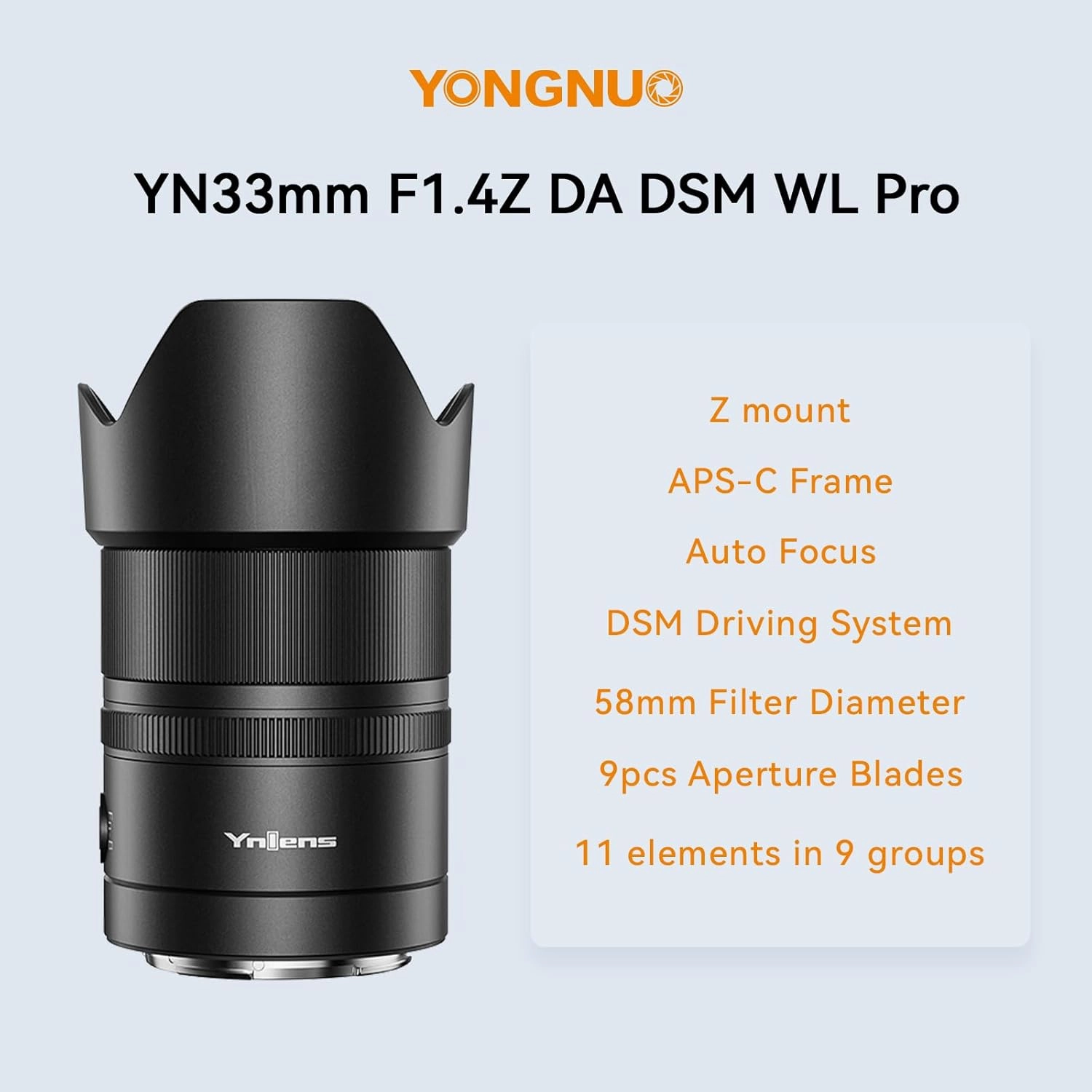 YONGNUO YN33mm F1.4 Lens for Nikon Z Mount, Auto Focus Large Aperture APS-C Frame, Standard Prime Lens for Nikon Mirrorless Cameras Z5 Z50 Z6 Z6II Z7 Z7II (YN33mm F1.4Z DA DSM WL Pro)
