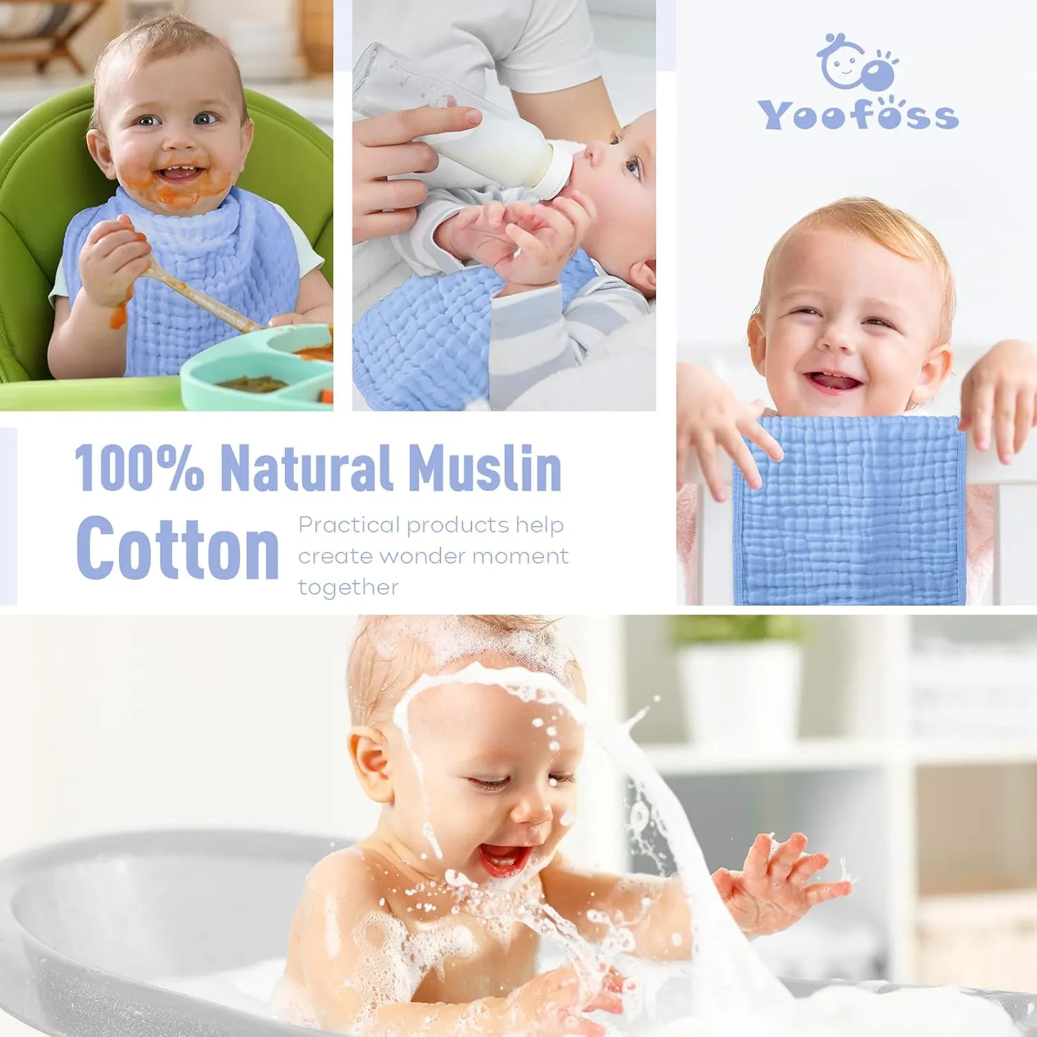 Yoofoss Muslin Burp Cloths for Baby 10 Pack 100% Cotton Baby Washcloths for Boys Girls Large 20''X10'' Super Soft and Absorbent Blue