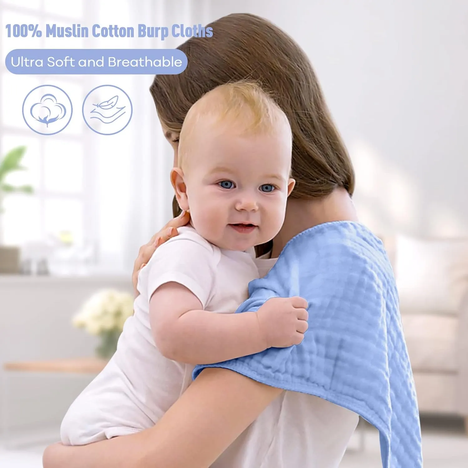 Yoofoss Muslin Burp Cloths for Baby 10 Pack 100% Cotton Baby Washcloths for Boys Girls Large 20''X10'' Super Soft and Absorbent Blue