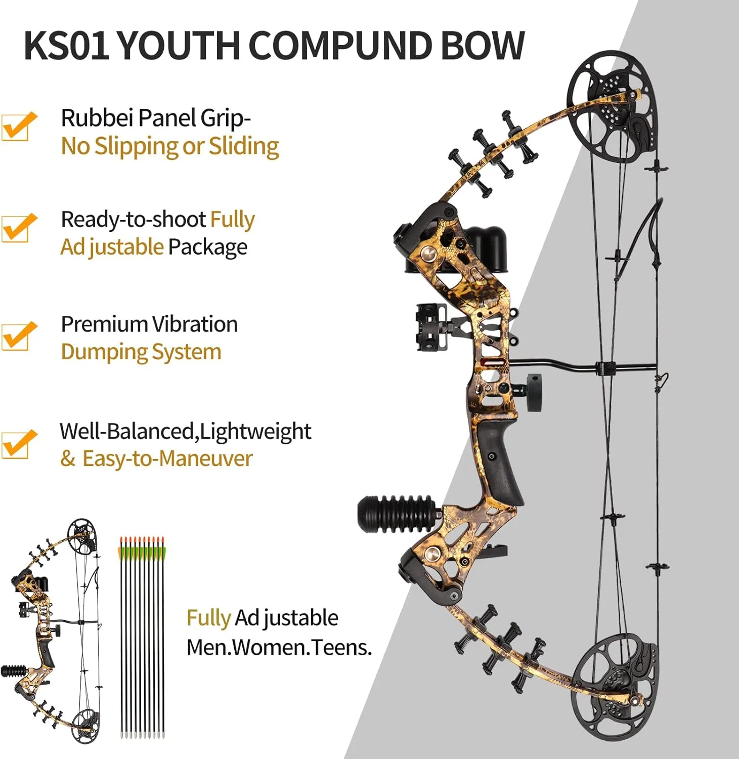 Youth Compound Bow Set 15-45 Lbs for Teens and Beginner, Package with Archery Hunting Equipment, Max Speed 260fps, Adjustable, Right Hand