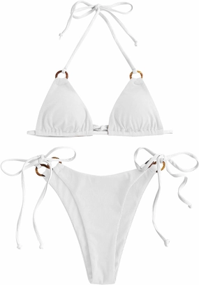 ZAFUL Women's Halter Triangle Bikini Ribbed String Smocked Swimwear Cheeky Thong Swimsuit High Cut Bikini Set