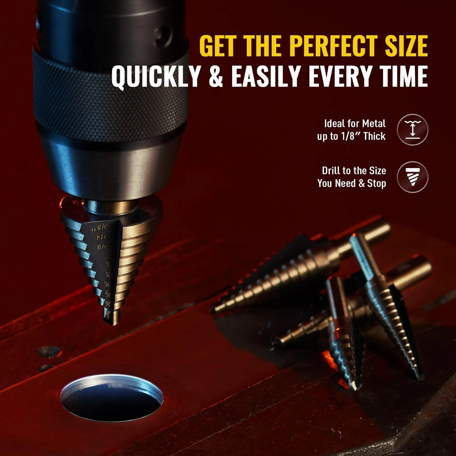 ZELCAN Step Drill Bits, HSS 5PCS Titanium Step Drill Bit Set, 50 Sizes in 5 High Speed Steel Unibit Drill Bits Set for Sheet Metal with Aluminum Case, Multiple Hole Stepped Up Bits for DIY Lovers