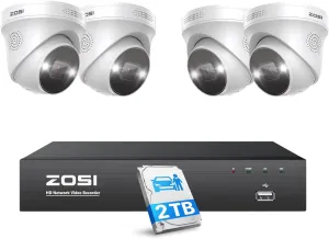 ZOSI 4K 8CH Spotlight PoE Security Camera System,4pcs 5MP Indoor Outdoor PoE IP Cameras with Person Vehicle Detection,Color Night Vision,8CH 8MP 4K NVR with 2TB HDD for 24/7 Recording,No Monthly Fee