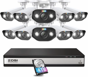 ZOSI 16CH 4K Spotlight Home PoE Security Camera System,H.265  16Channel 8MP NVR with 4TB HDD,10pcs 5MP Outdoor PoE IP Cameras,2 Way Audio,Night Vision,Person/Vehicle Detection,for 24-7 Recording