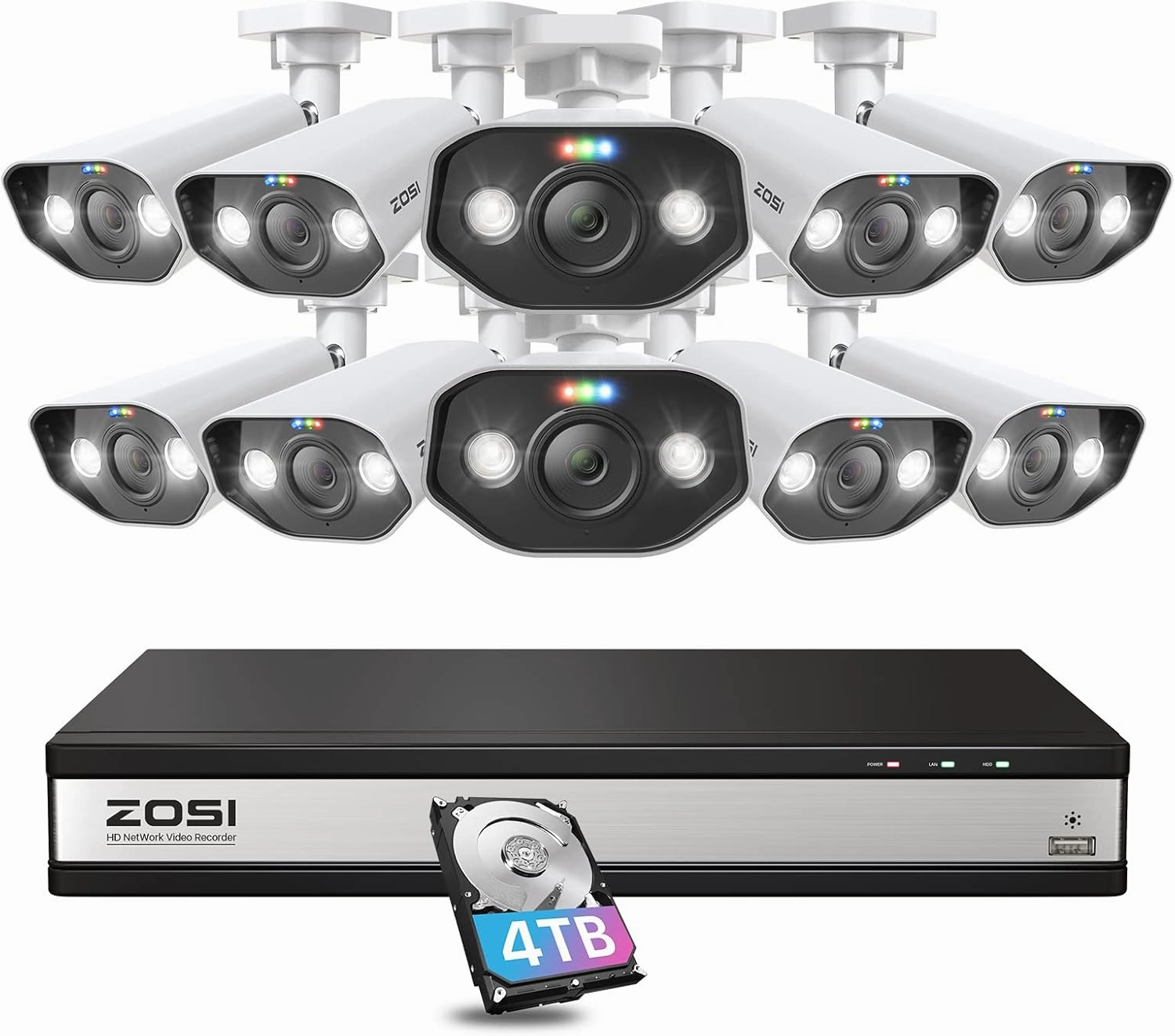 ZOSI 16CH 4K Spotlight Home PoE Security Camera System,H.265  16Channel 8MP NVR with 4TB HDD,10pcs 5MP Outdoor PoE IP Cameras,2 Way Audio,Night Vision,Person/Vehicle Detection,for 24-7 Recording