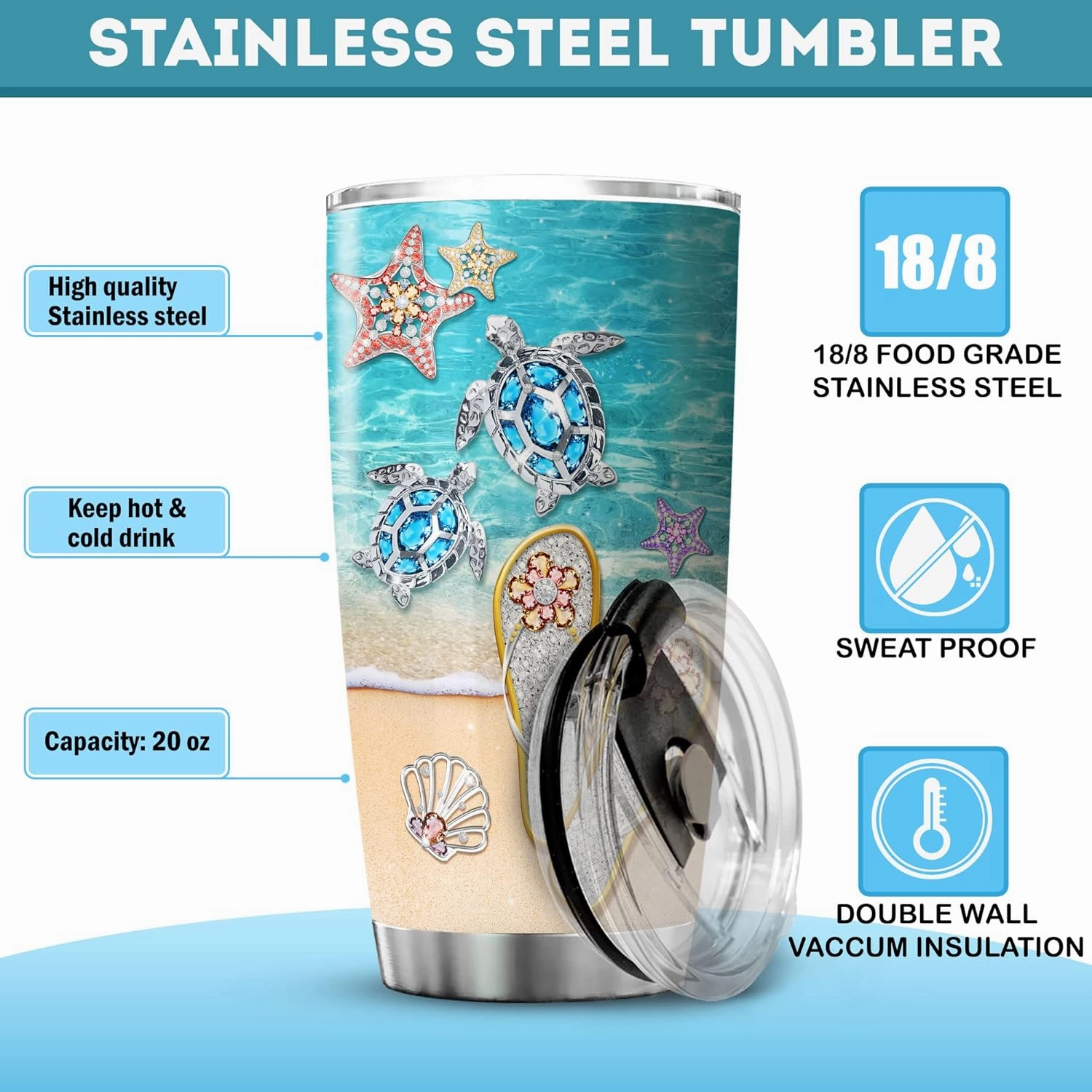 ZOXIX Stainless Steel Tumbler 20oz Sunbathing Beach Sea Turtle Starfish Vacuum Coffee Cup With Lid Summer Vibes Gifts For Girls Insulated Travel Mug Beach Lover Tumblers