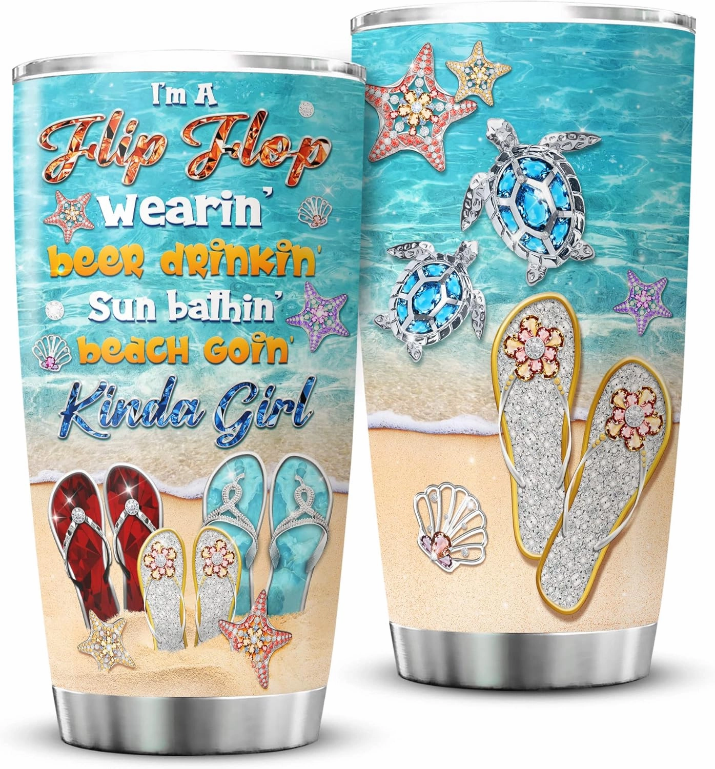 ZOXIX Stainless Steel Tumbler 20oz Sunbathing Beach Sea Turtle Starfish Vacuum Coffee Cup With Lid Summer Vibes Gifts For Girls Insulated Travel Mug Beach Lover Tumblers