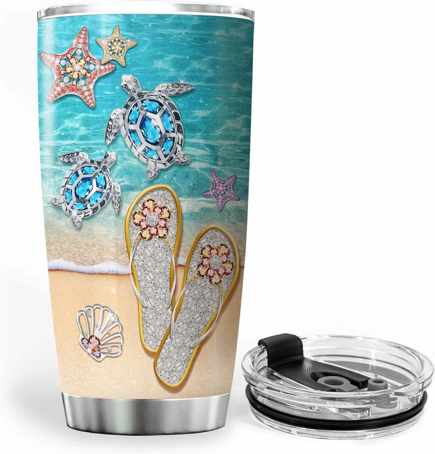 ZOXIX Stainless Steel Tumbler 20oz Sunbathing Beach Sea Turtle Starfish Vacuum Coffee Cup With Lid Summer Vibes Gifts For Girls Insulated Travel Mug Beach Lover Tumblers