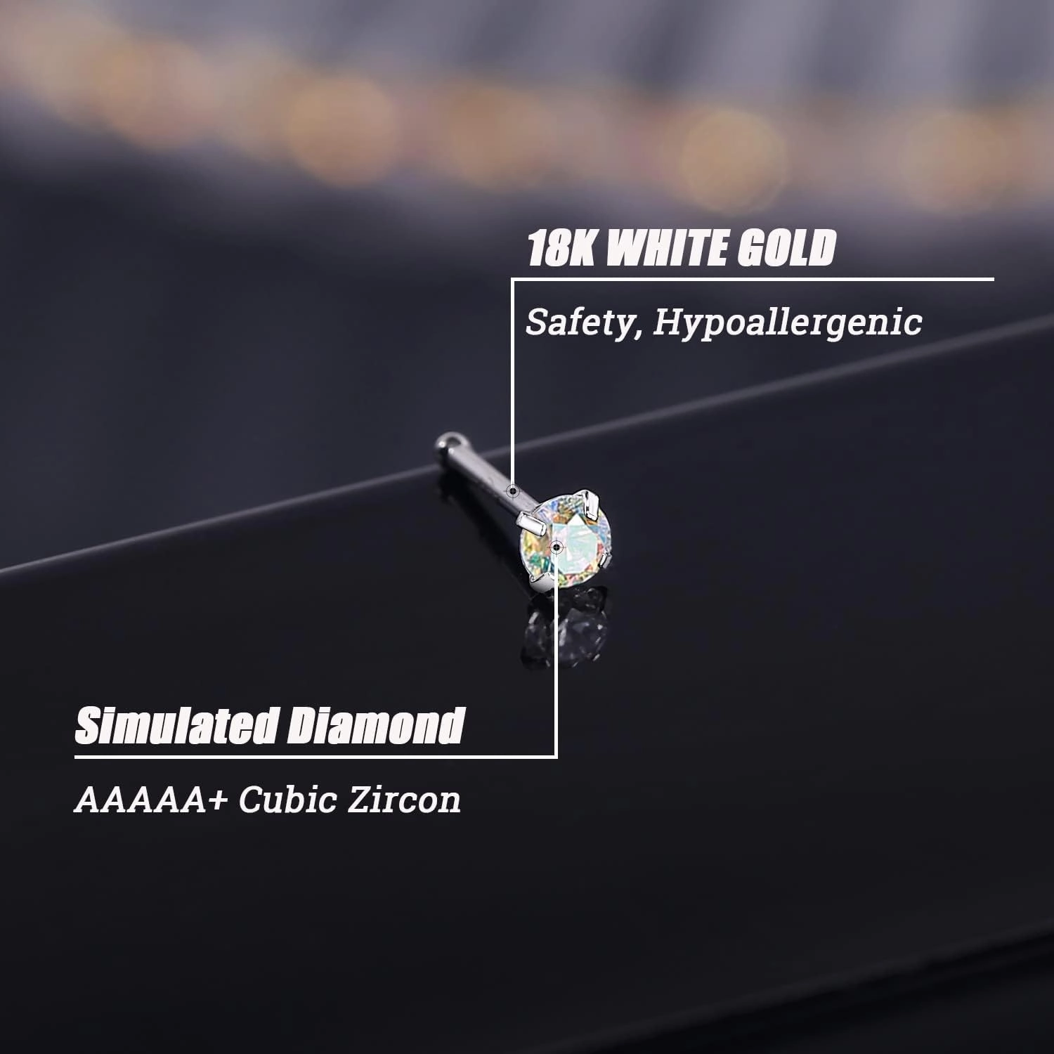 ZS 18K Real Gold 20G Nose Rings for Women Men, 1.5mm 2mm 3mm CZ Simulated Diamond, Solid 7mm Nose Stud Pin Piercing, Non-Irritating Skin Body Jewelry